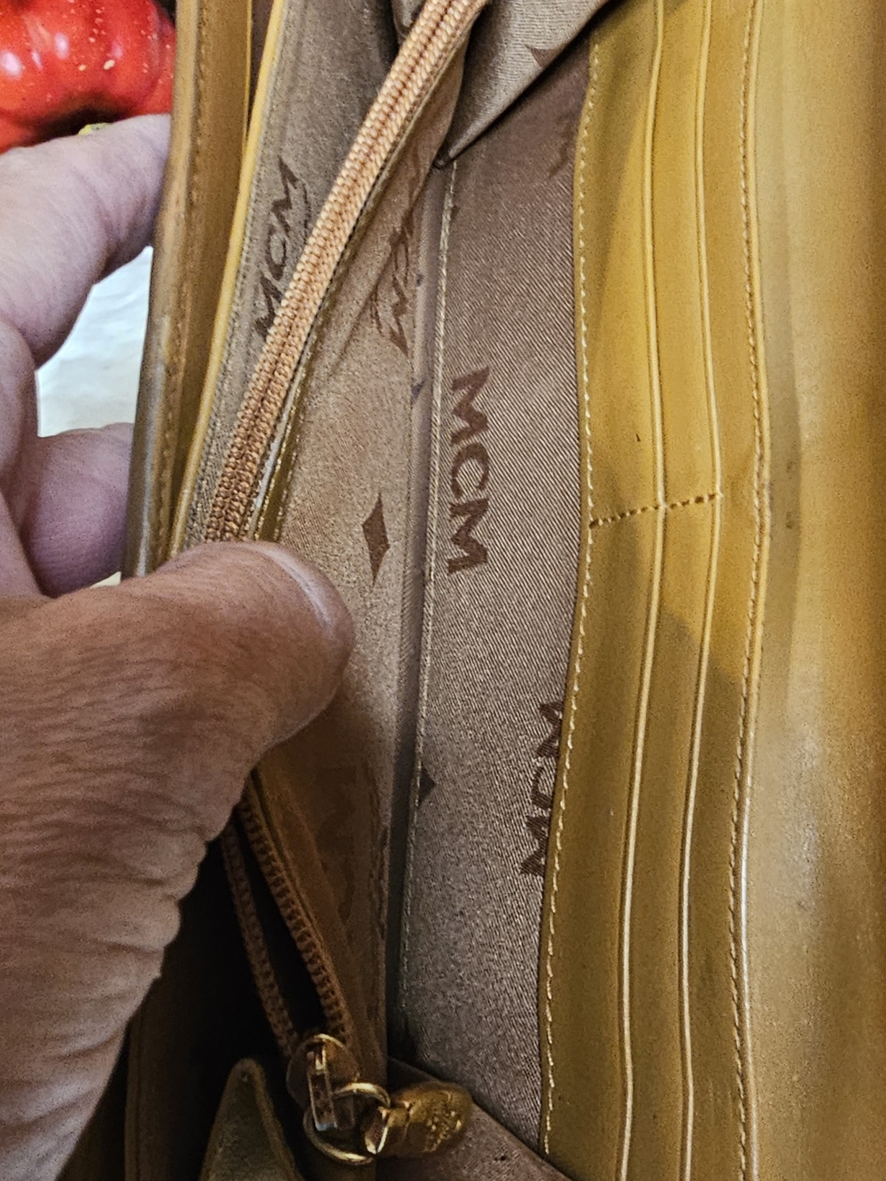 MCM Cognac Logo Wallet with Light Blue and White Stripe - Picture 12 of 16
